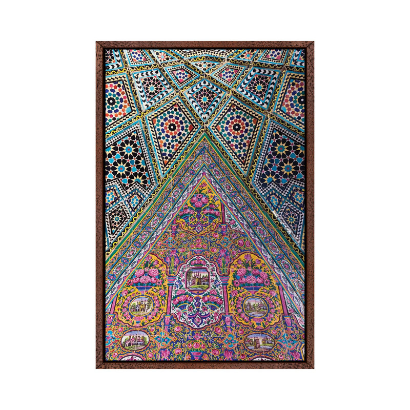 Iran, Shiraz, Nasir-Al Molk Mosque, Exterior Tilework by Walter Bibikow - Print on Canvas, Classic Brown Wood Framed