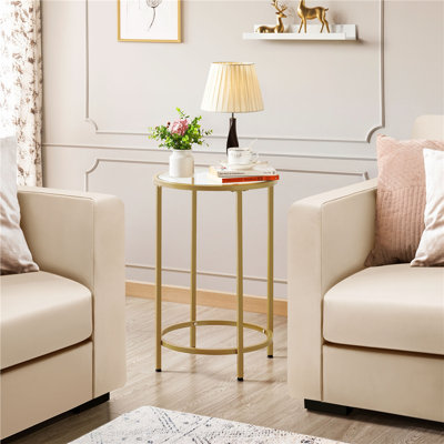 Round Side Table With Metal Frame,  Glass Top End Table