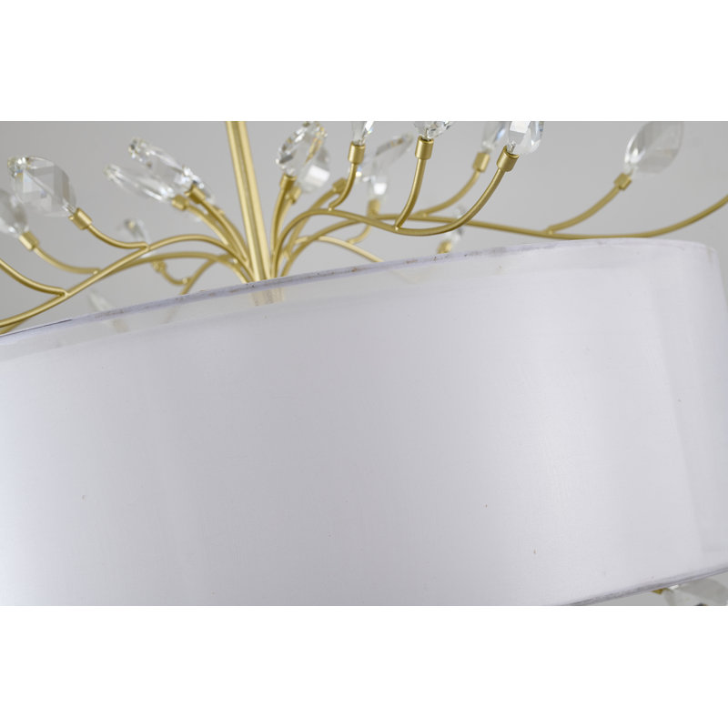 Lustre 6 branches en argent vieilli avec abat-jour en tissu et cristaux