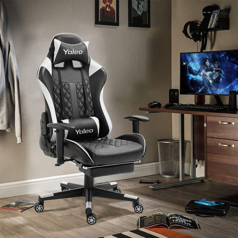Yoleo Adjustable Reclining Ergonomic Faux Leather Swiveling PC & Racing Game Chair, White