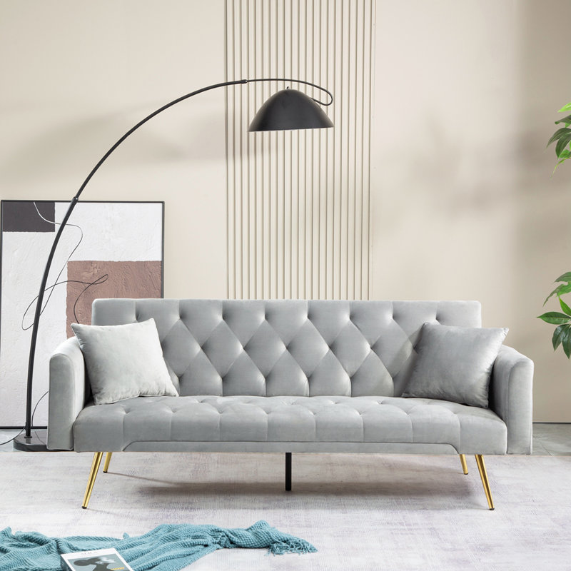 Ethyleen Twin 71.65'' Velvet Convertible Sofa, Gray Velvet