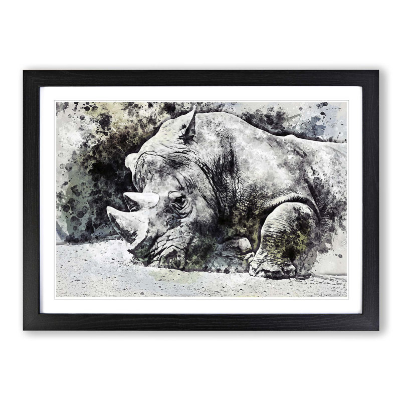 Resting Rhino in Abstract - Picture Frame Painting Print on MDF, Black Framed, 48cm H x 65cm W x 2cm D