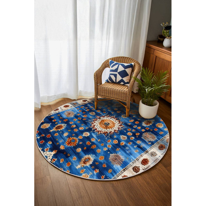 Nouvelle Collection Digital Print Cotton-Polyester Navy Blue Moroccan Rug, Round 3'4"