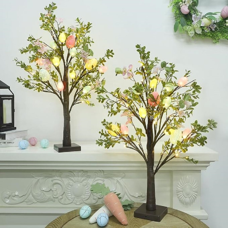 Easter Decoration Set Of 2 Lighted 24 Inch Artificial Tree With Easter Eggs & Colourful LED Lights, Light Up Tabletop Bonsai Tree For Table Home Holiday Spring Decor