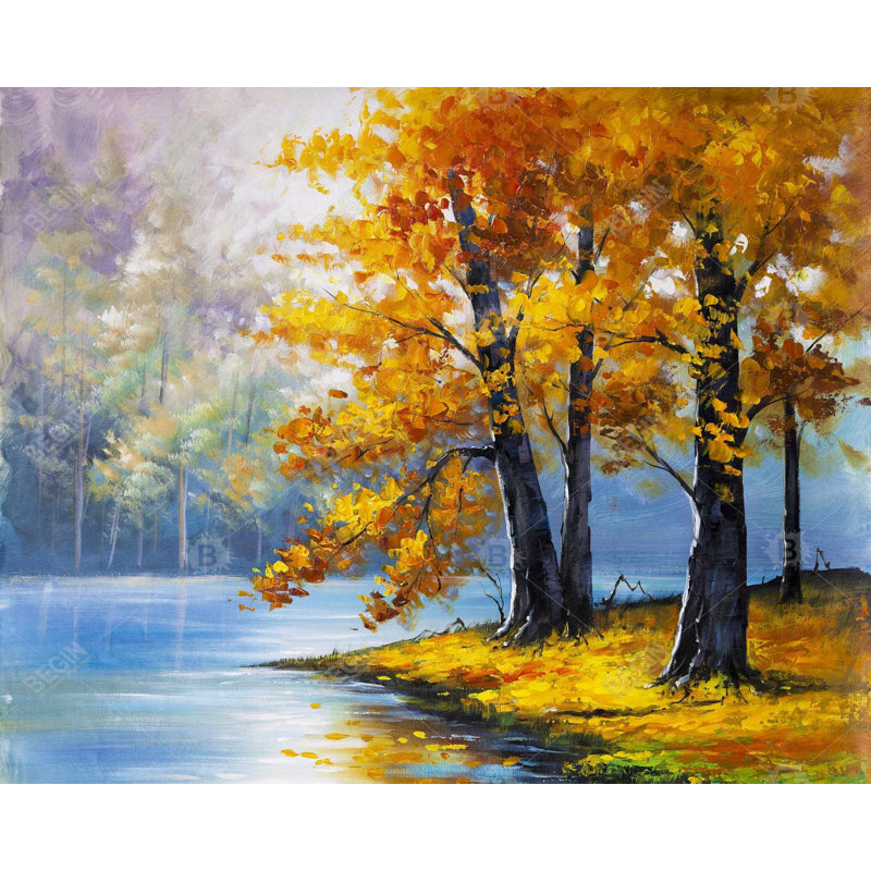 Two Trees by the Lake - Framed Canvas Landscape for Home Decor