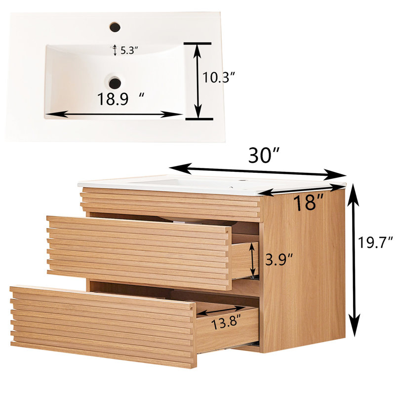 Meuble-lavabo flottant 30 po avec lavabo en céramique. Finition noyer naturel. Entièrement assemblé. Rangement pratique. Contreplaqué. Installation facile. Surface propre. Tiroirs stratifiés pour meubles de salle de bain.