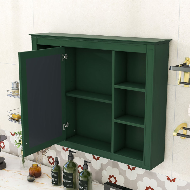 Armoire à pharmacie murale avec miroir et 6 tablettes ouvertes pour un rangement amélioré dans la salle de bain, Vert