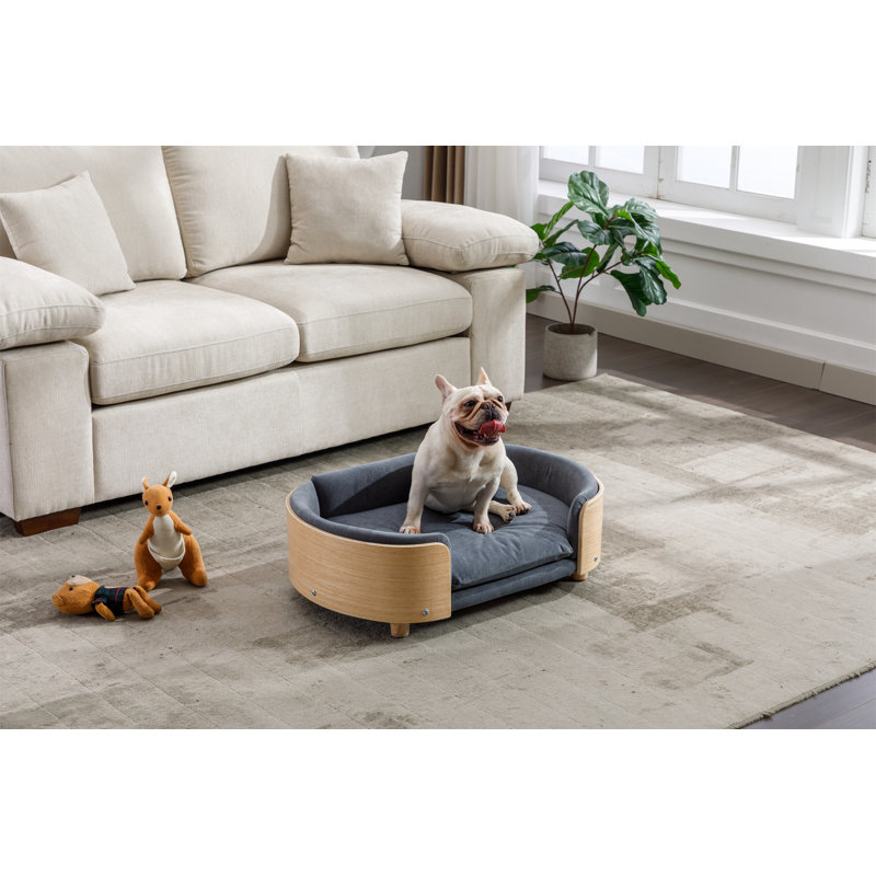 Canapé en velours pour chien avec pieds en bois et coussin moelleux, H 9,8 po x l 30,7 po x P 20,1 po, Gris foncé / naturel