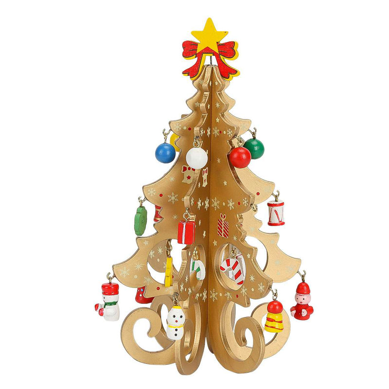 Ensemble d'arbre de Noël en bois avec mini décorations, Or