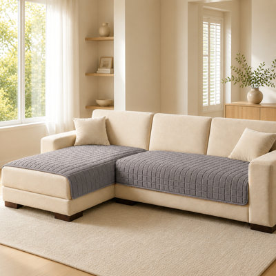 2 Piece Quilted Plush Sectional Sofa Cushion Cover Set, Non Slip Washable Protector for L Shaped Couch