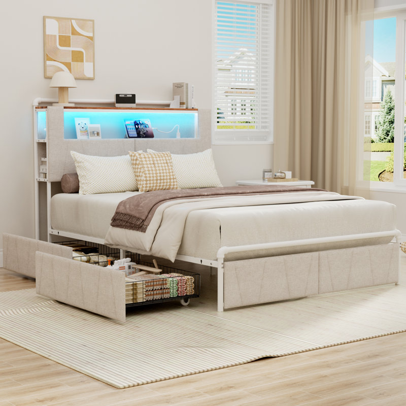 Base de lit double avec tête de lit à 2 niveaux, base de lit plateforme en métal avec 2 tiroirs de rangement, station de charge intégrée et DEL, beige