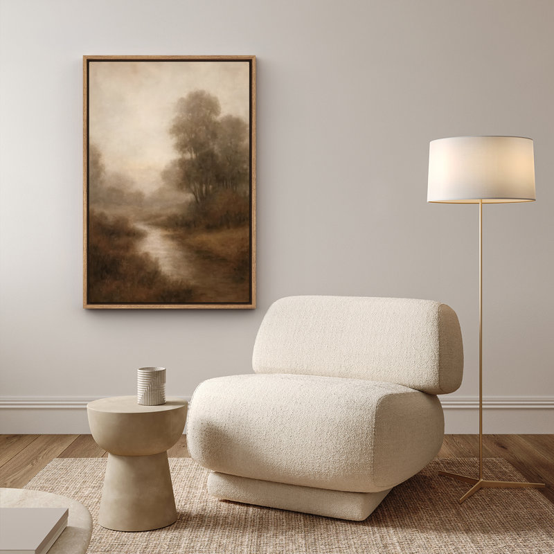 «Soft Misty Riverbank with Autumn Trees», reproduction d'art encadrée, H 24 po x l 16 po, Naturel