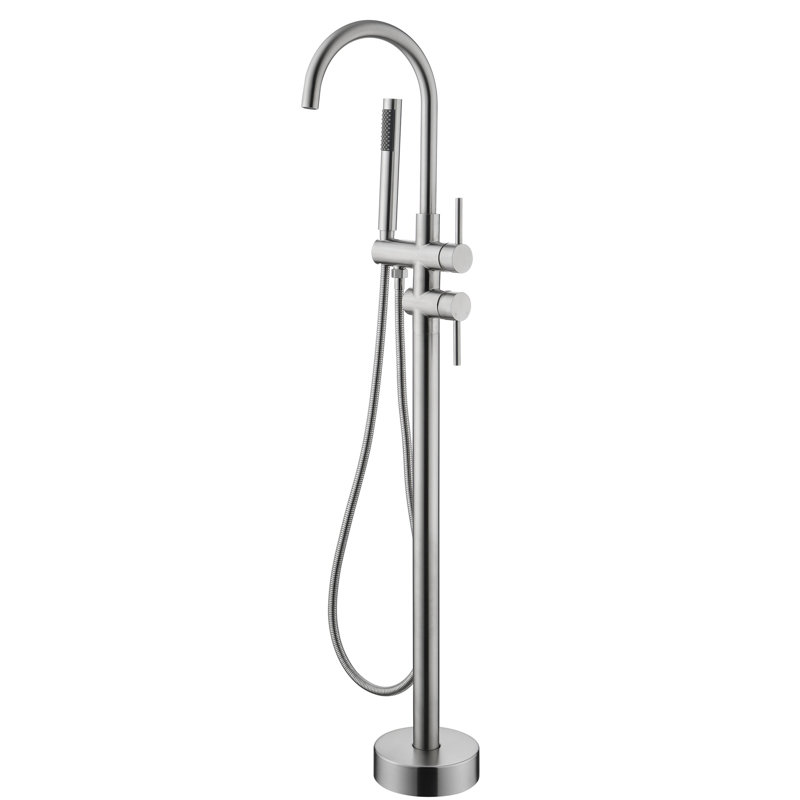 Brushed Nickel Tub Filler With Handheld Shower, 360 Degree Swivel Spout, Floor Mounted, And Appealing Fixture In Mounted Sanitary Faucet