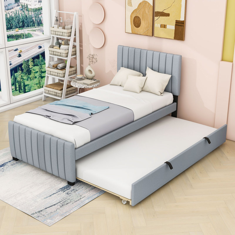 Lit plateforme tapissier avec lit gigogne et tête de lit, gris, Simple