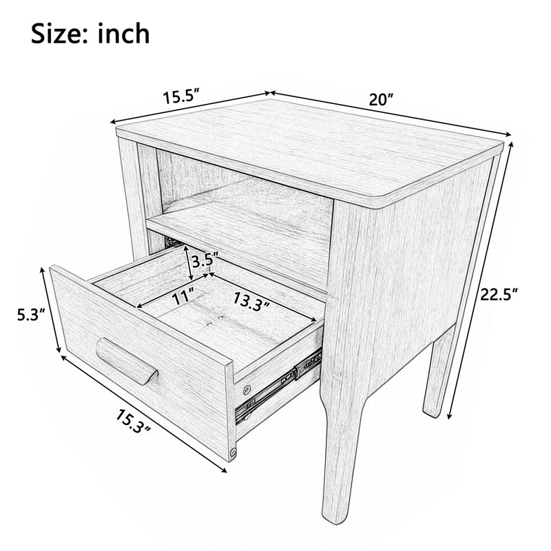Table de chevet Mid-Century moderne en bois de bambou massif avec tiroir et tablette ouverte, table de chevet, Naturel