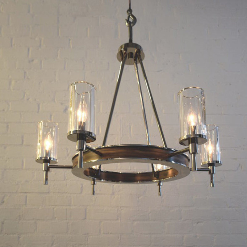 6 - Light Chandelier, 28" H x 32" W x 32" D, Polish Nickel/American Walnut, Clear