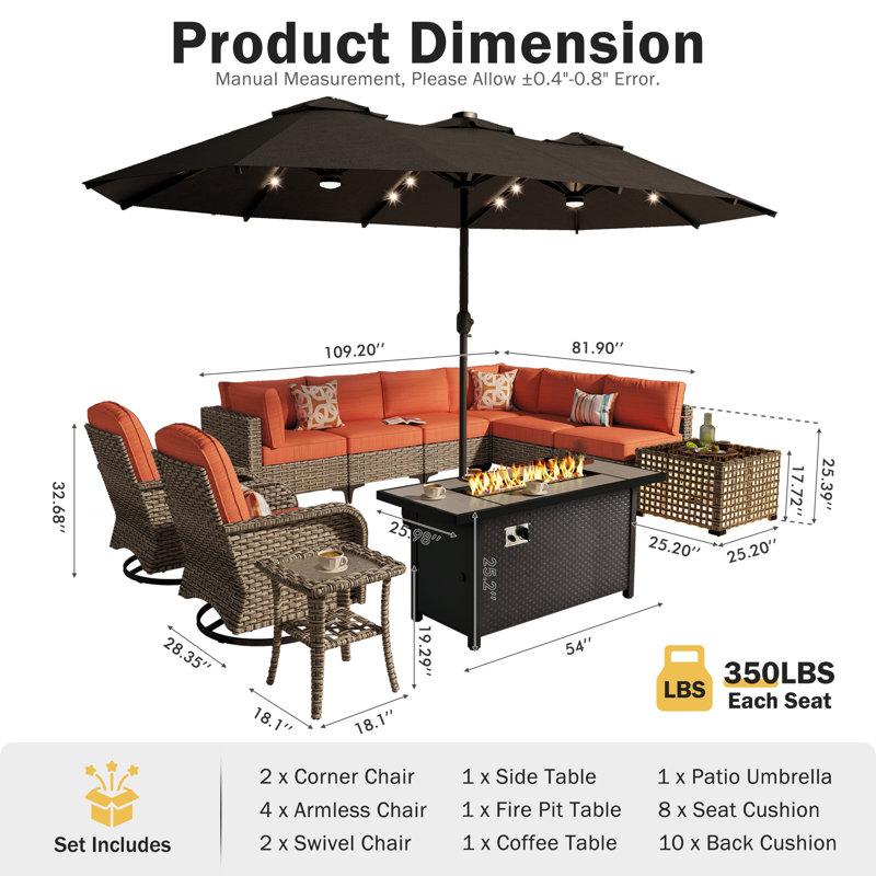 Ensemble de 12 meubles de patio extérieur avec table de foyer 54 po, table basse à lumière solaire et parasol double face 14,5 pi avec base, siège en osier PE pour 8