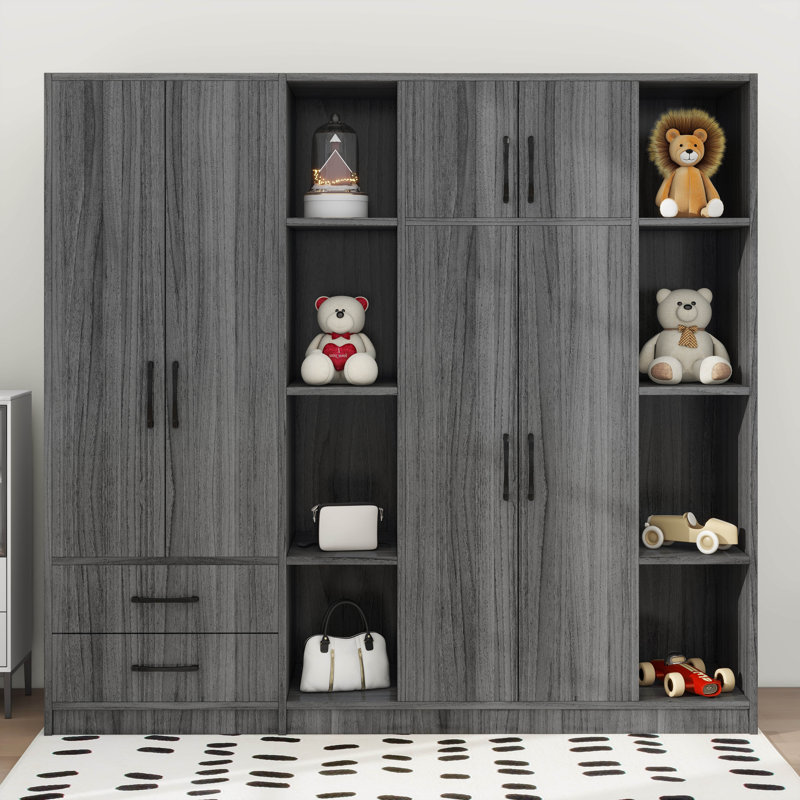 Armoire moderne à 6 portes avec tablettes et tiroirs, Gris