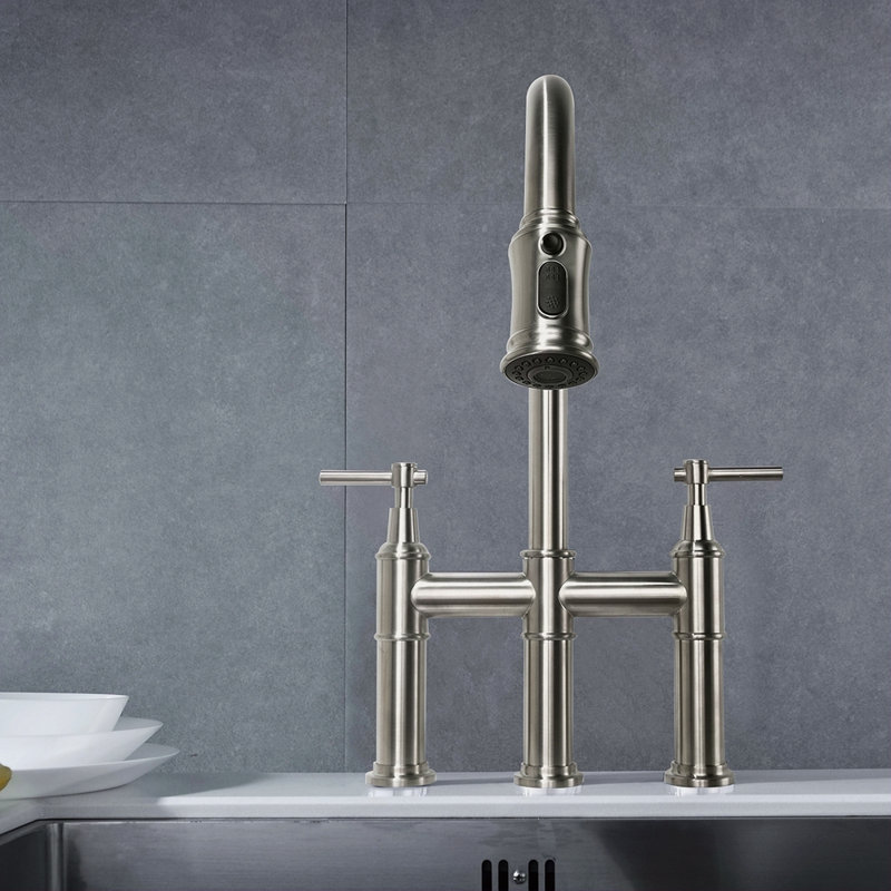 Bridge Kitchen Faucet With Pull-Down Sprayhead In Spot, Brushed Nickel