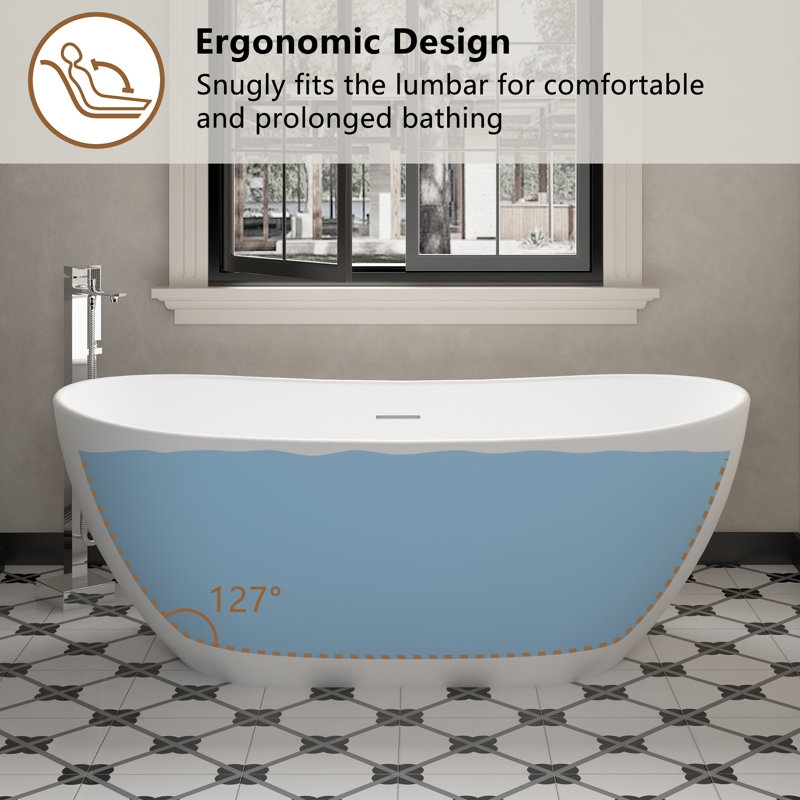 65'' White Solid Surface Freestanding Soaking Bathtub