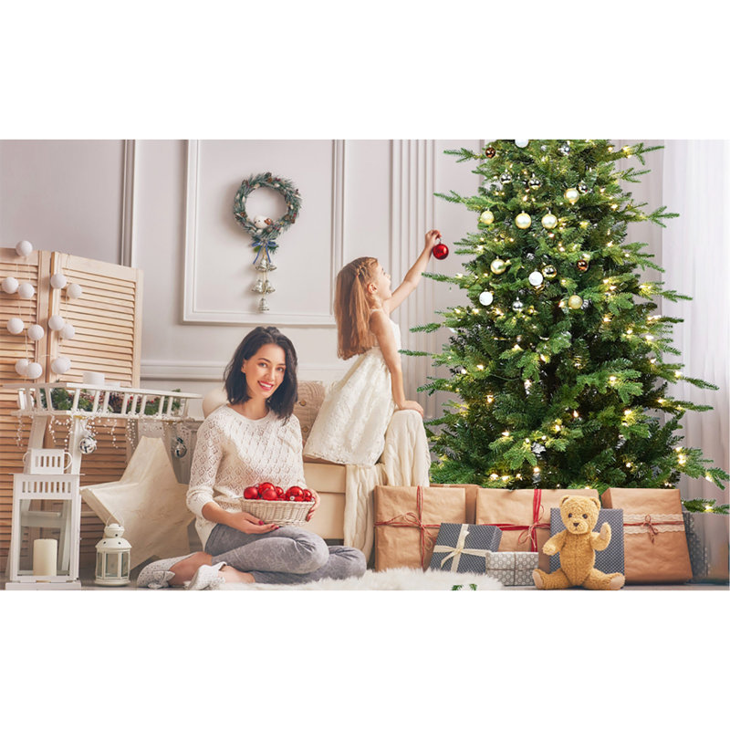Arbre de Noël vert en PVC + PE avec lumières UL blanc chaud - pointes, branches articulées, aiguilles réalistes, support en métal robuste, assemblage facile