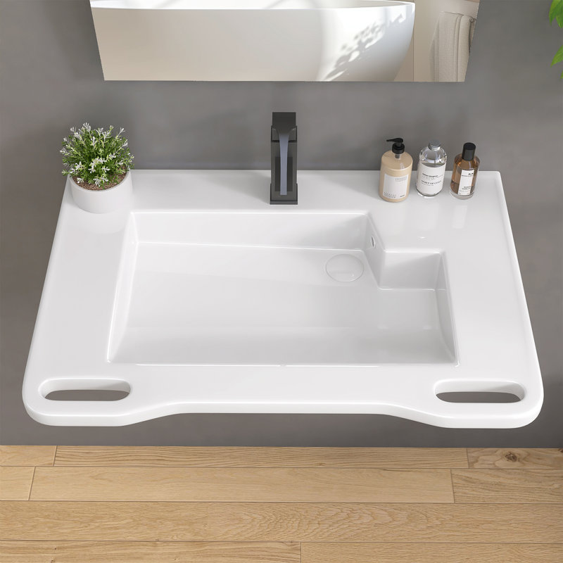 31" W × 20" D ADA Wall-Mount Ceramic Sink with L-Shaped Basin, Right Drain, Dual Safety Support Arms, Reinforced L-Bracket, Gloss White, Accessible Bathroom