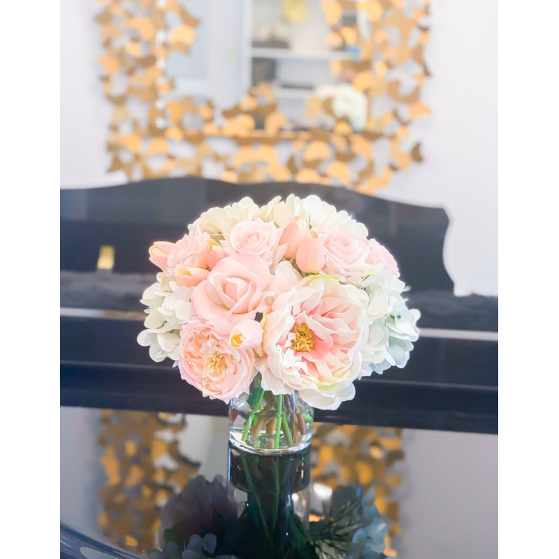 Real-Touch Pink Roses & White Hydrangeas Centerpiece