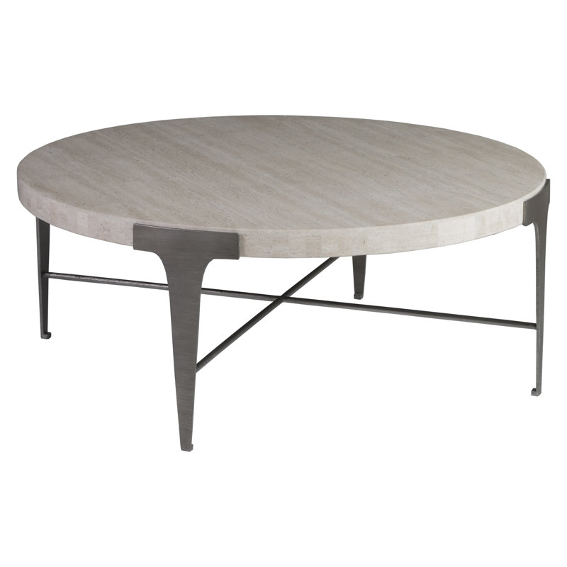 Modern Beige 42" Round Metal Cocktail Table with Travertine Top
