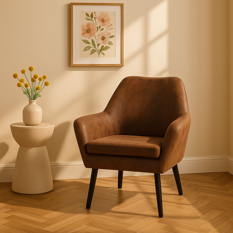 Colmesneil Mid-Century Modern Accent Armchair with Aged Fabric Upholstery, Solid Wood Legs