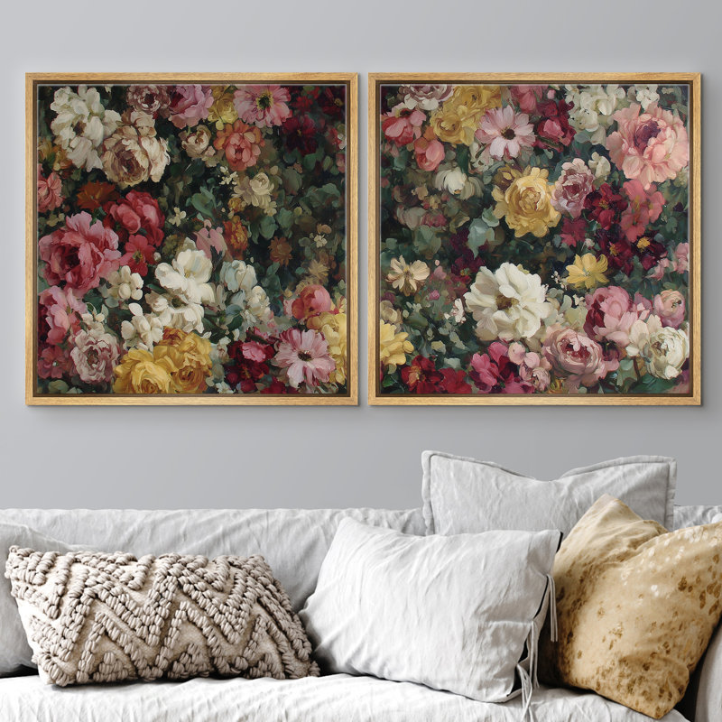 «Classic Blooming Rose Garden Floral», ensemble de 2 œuvres d'art encadrées, H 24 po x l 24 po, Cadre flottant naturel