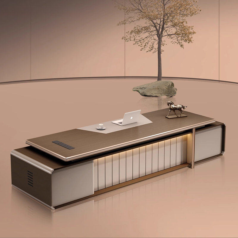 Modern Light Luxury Brown Executive Office Desk with Storage Cabinets and Embedded Desktop Power Strip for Manager/President Office