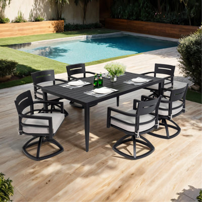 7PC Patio Aluminum Furniture, Modern Dining Set Including 6 Swivel Rockers Sunbrella Fabric Cushioned And Two-Tone Table Top Rectangle Table With Umbrella Hole, Matte White+Grayish