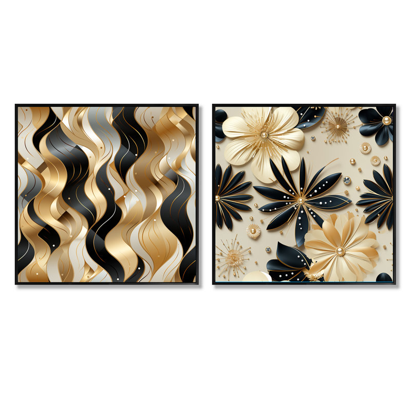 Monreal - Ensemble de 2 collages carrés botaniques abstraits, Cadre flottant noir, H 16 po x l 33 po