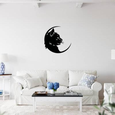 Cat Moon Metal Wall Art - Celestial Cat Silhouette Decor - Night Sky Moon Phase Design - Modern Minimalist Wall Hanging - Rustic Industrial Metal Sculpture - Pet Lover Home Decor - Magical Statement Art Piece