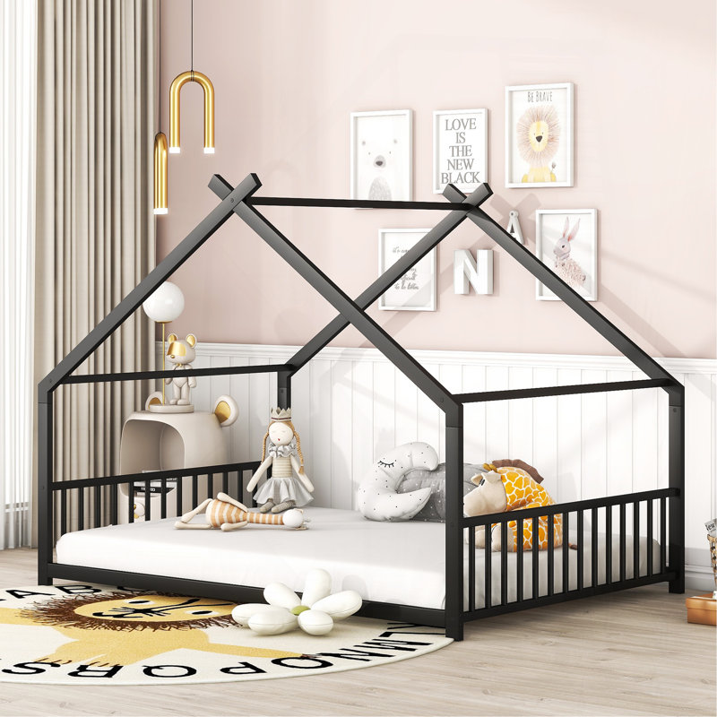 Full Size Metal House Bed, Black, Black, Full