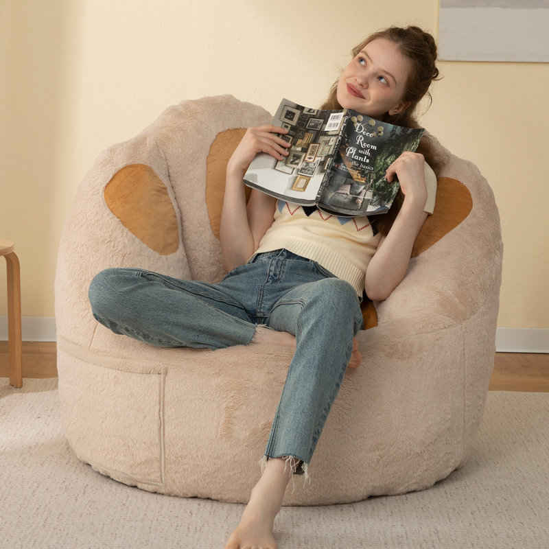 39" Cat Paw Bean Bag Chair with Side Storage Pocket, Plush Faux Fur and Memory Foam Filling, Beige Faux Fur