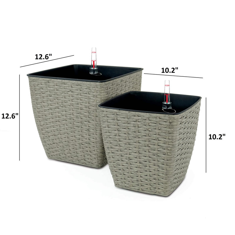 2-Pack Self-Watering Planter - Hand Woven Wicker - Thin Square