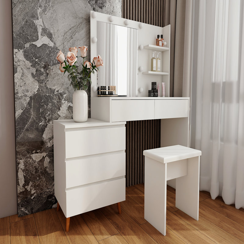 Coiffeuse à maquillage avec miroir à DEL - coiffeuse de beauté blanche avec tiroirs de rangement, tabouret assorti et compartiments de rangement pour les pinceaux de maquillage et les cosmétiques