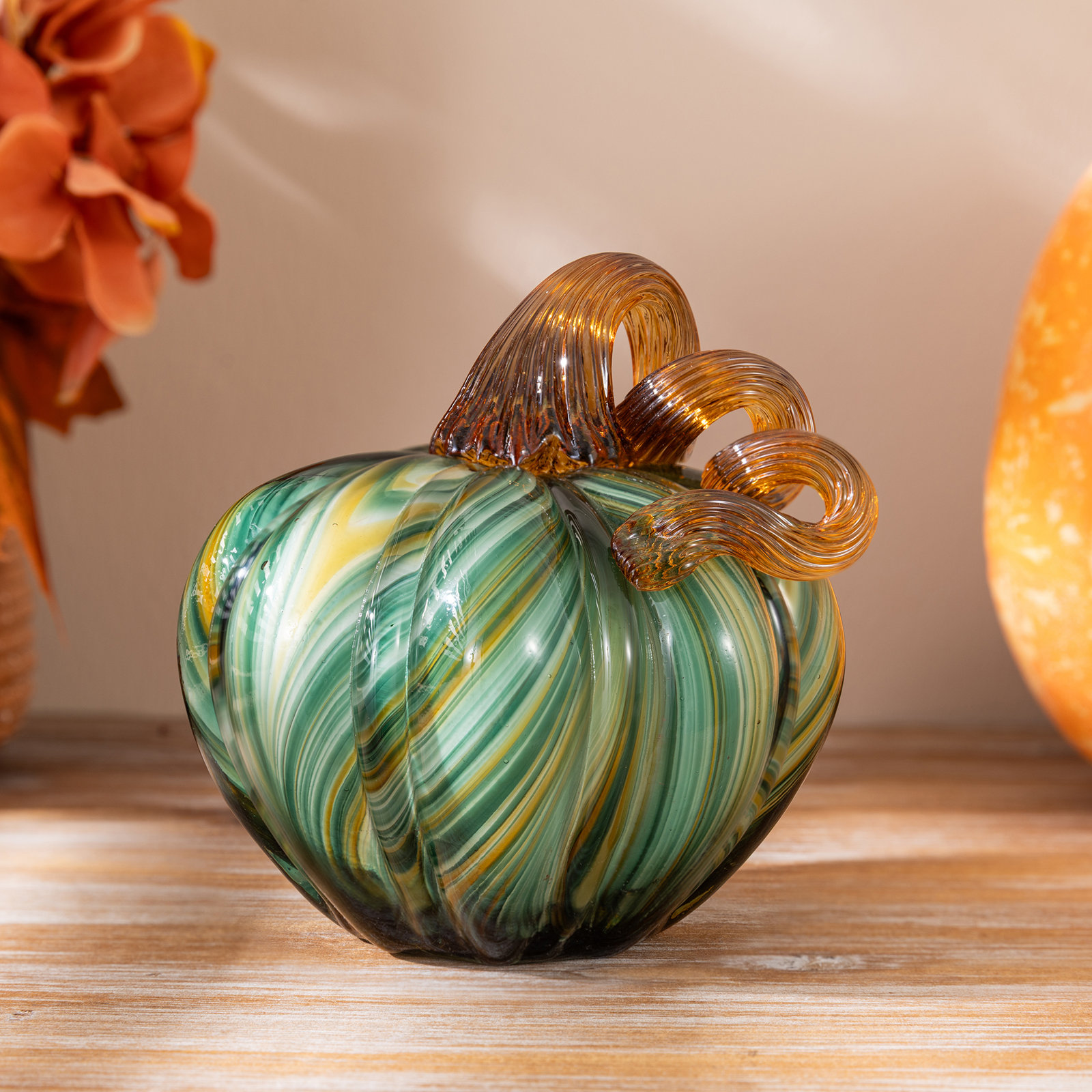 4.5"D X 4.75"H Multi Green Striped Glass Short Pumpkin, Green