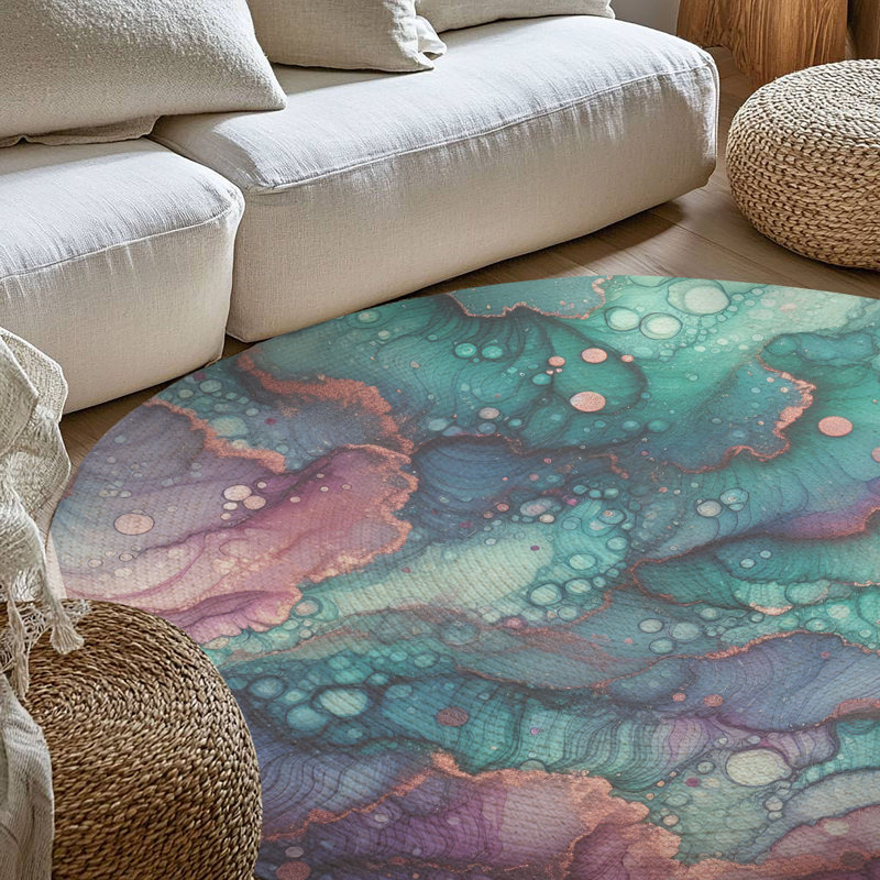Tapis tressé bleu sarcelle et mauve scintillant, Rond 5 pi