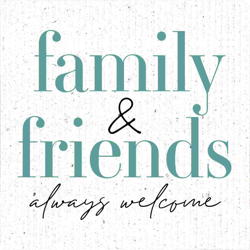 «Blue Family Friends Welcome», art textuel sur toile tendue, H 36 po x l 36 po