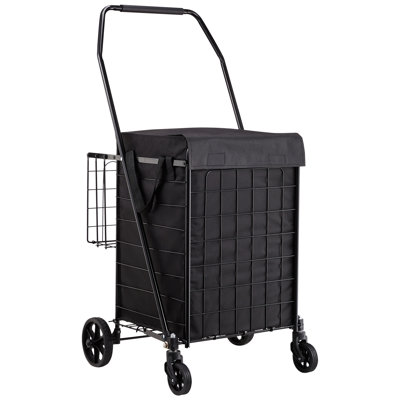 Shopping Cart, Folding Grocery Utility Cart with Dual Baskets, Waterproof Liner & Wheels, 100 LBS Large Load Capacity, Heavy Duty Laundry Basket for Laundry, Shopping, Camping, Grocery, Luggage