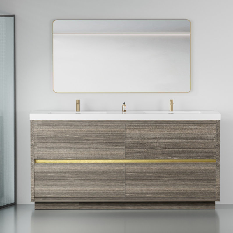 Meuble-lavabo autoportant avec lavabos doubles, Bois de frêne gris