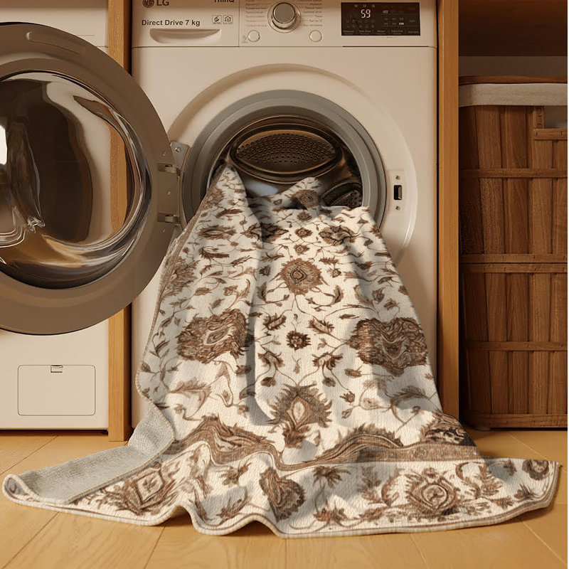 Machine Washable Persian Beige Area Rug, Round 8'
