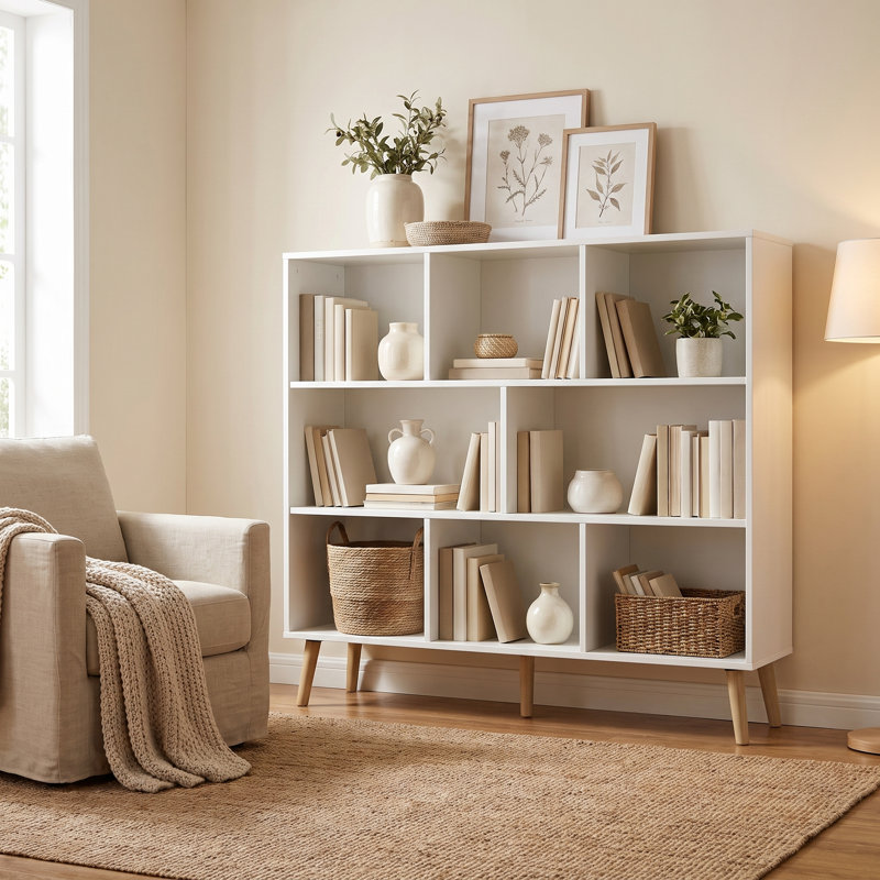 Jaen Solid and Manufactured Wood Cube Bookcase, (8 Shelves) 42.5" H x 47.2" W x 9.4" D, Grand White