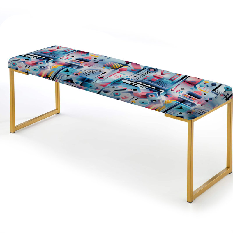 Blue Prismatic Digital Dreams Embrace - Geometric Upholstered Gold Bench