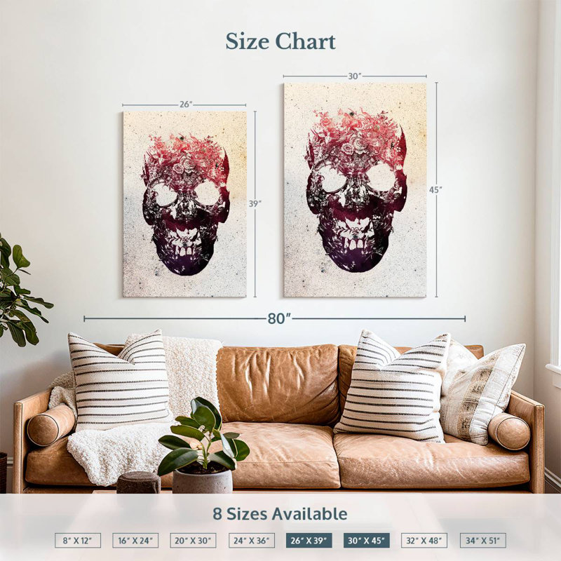 Crâne floral rose Kerner, H 39 po x l 26 po