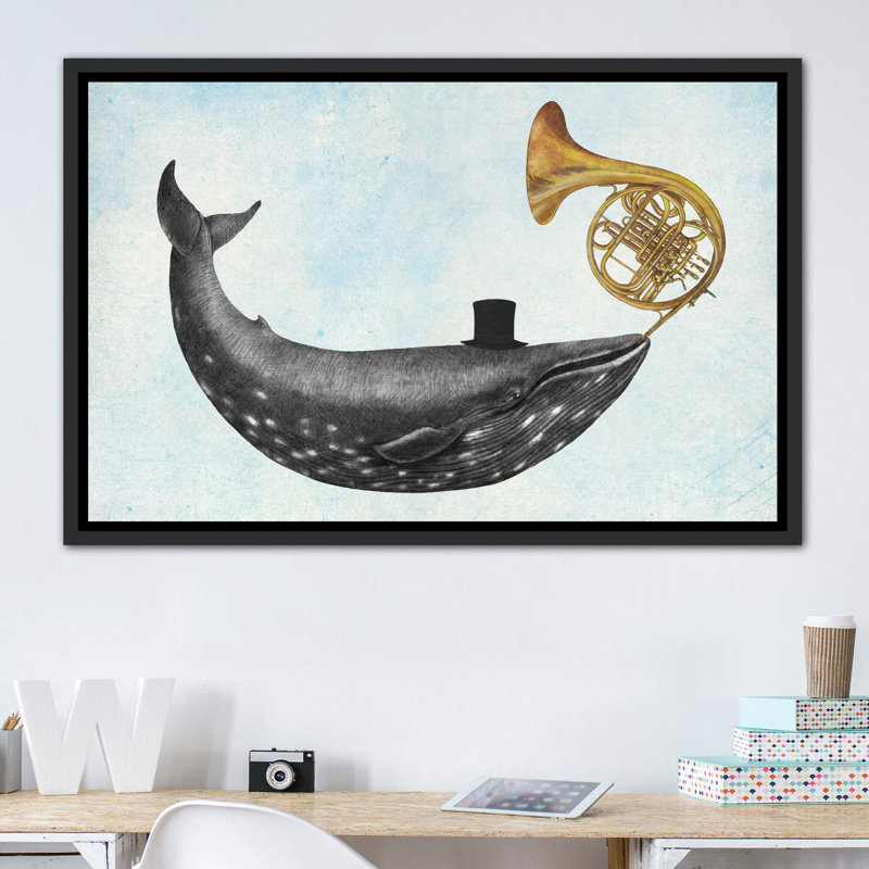 «Whale Song Blue» par Terry Fan - impression d'art graphique, H 40 po x l 60 po x 1,5 po, Toile avec cadre noir, Pas de tapis