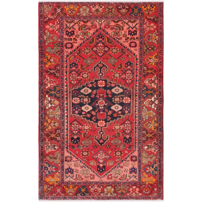 Tapis oriental rouge / bleu marine en coton noué à la main 4 pi x 6 pi 7 po Oriental