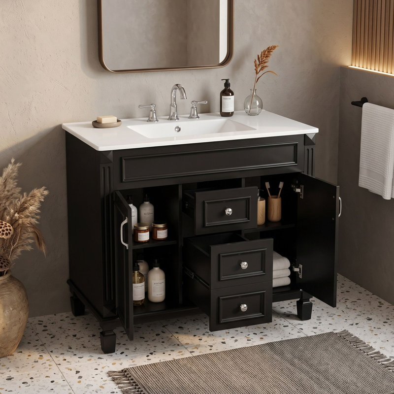 Ensemble de meuble-lavabo avec lavabo en céramique, armoire à pharmacie, 2 tiroirs et tablettes